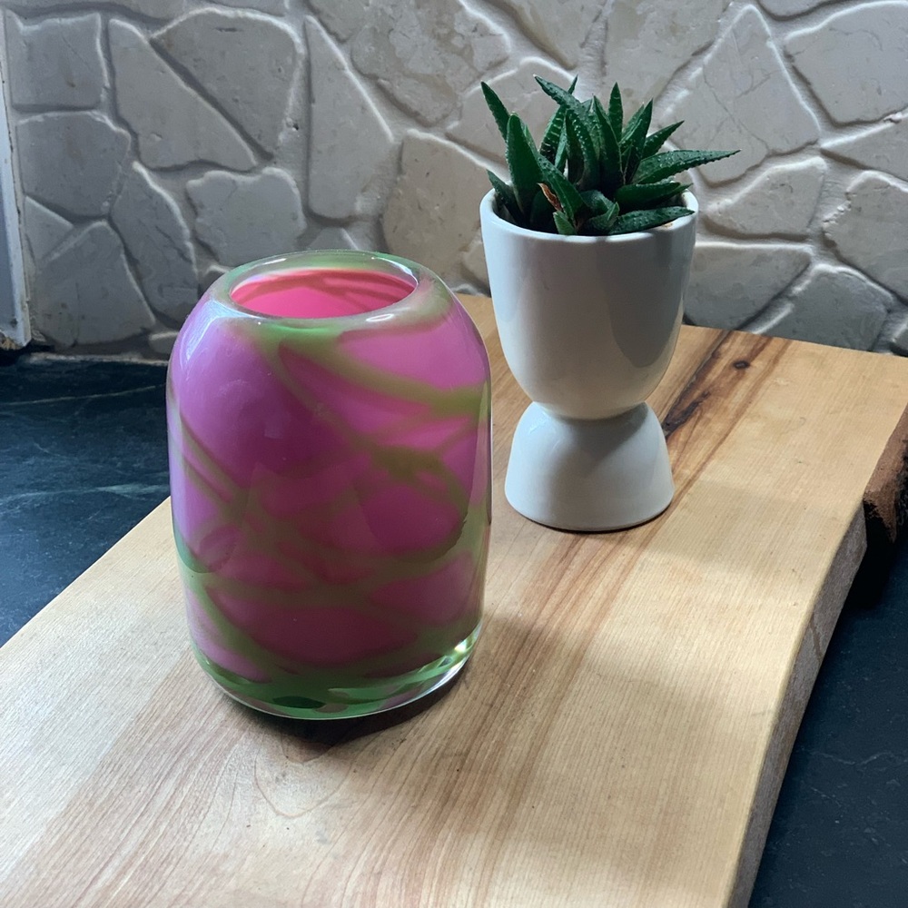 ART GLASS | Pink and Green Swirl Encased Glass Vase